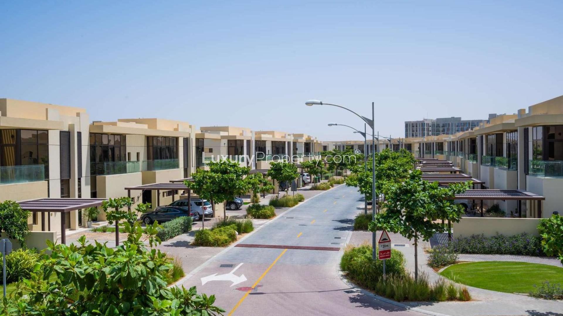 Spacious three-bedroom townhouse exterior in Topanga, Damac Hills, available for rent