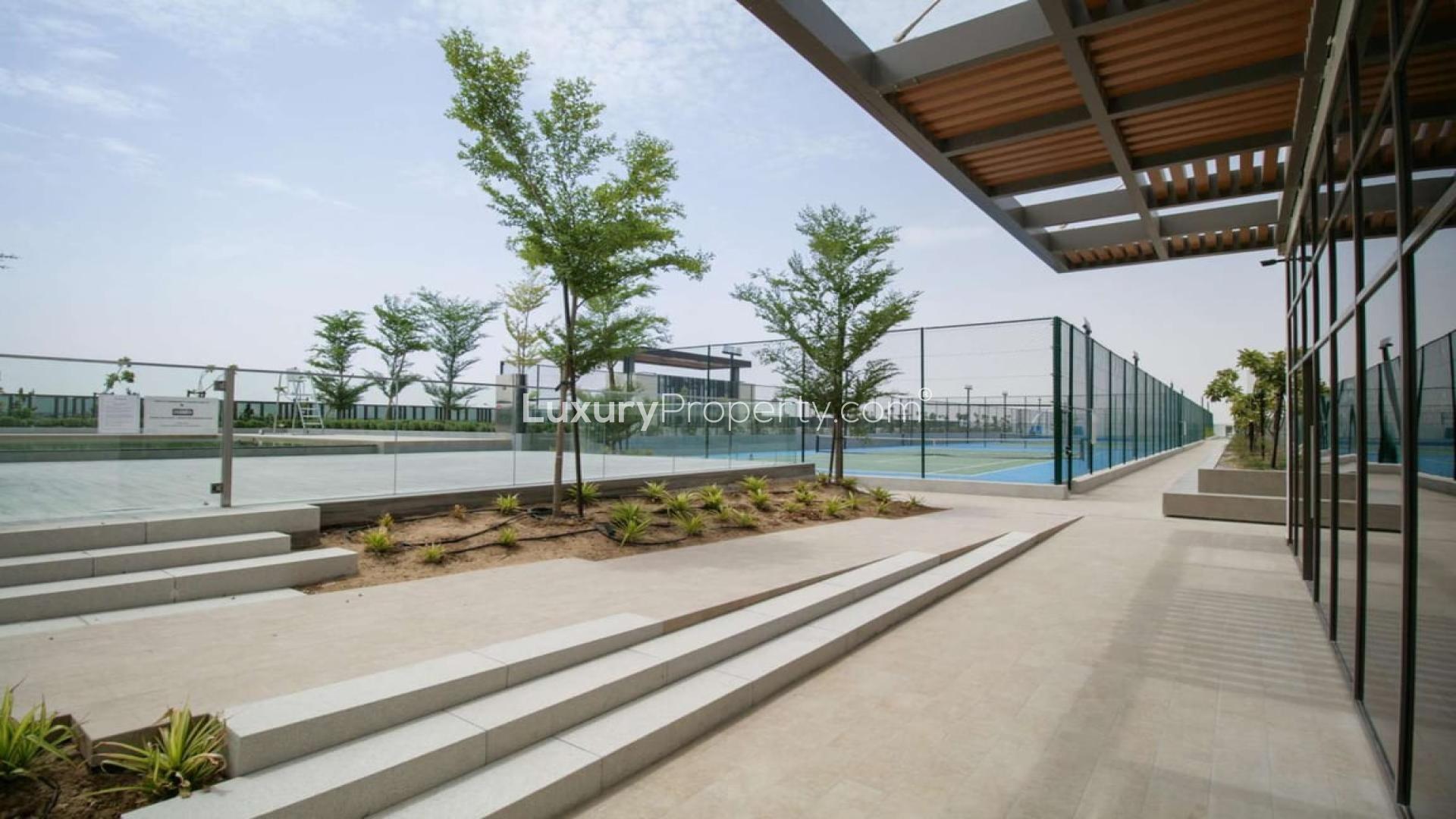 Modern 3-bedroom townhouse exterior in Avencia, Damac Hills 2, available for rent