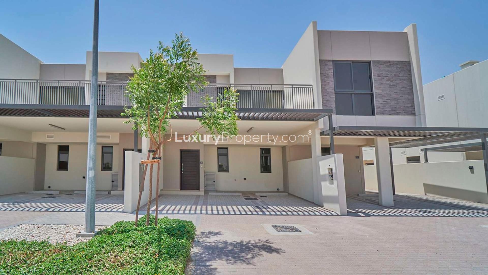 Stunning 3-bedroom townhouse exterior in Aster, Damac Hills 2, available for rent
