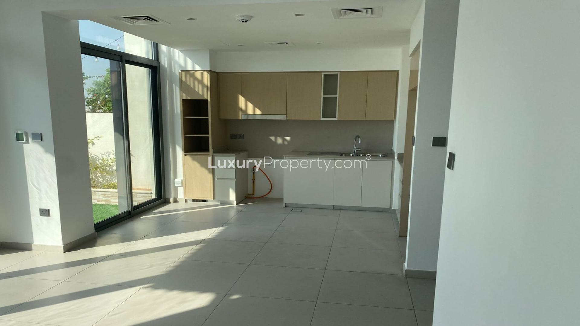 Vacant townhouse interior with garden view, Arabian Ranches 3, Sun community, available for rent