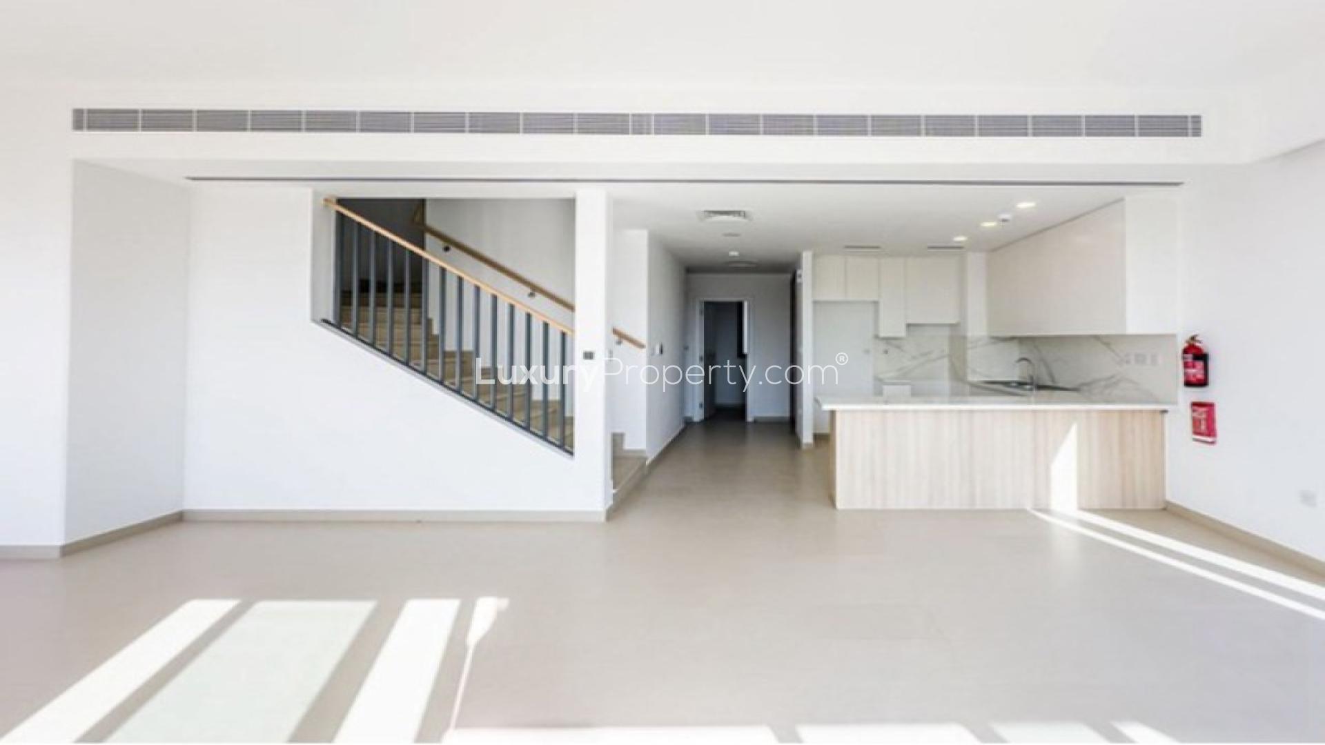 Brand new modern 3-bedroom villa exterior in Cherrywoods, Dubai Land, for rent