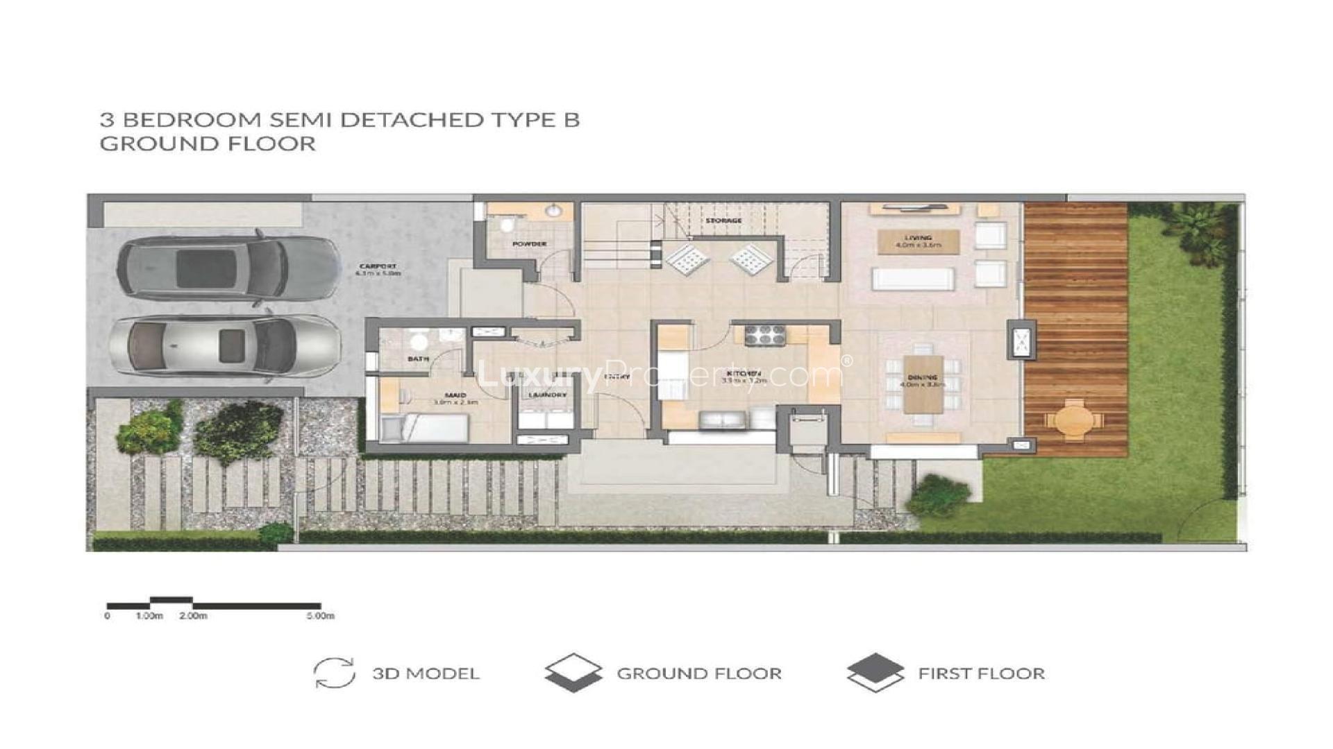 Living room with brown leather sofa in Mudon Arabella townhouse for sale