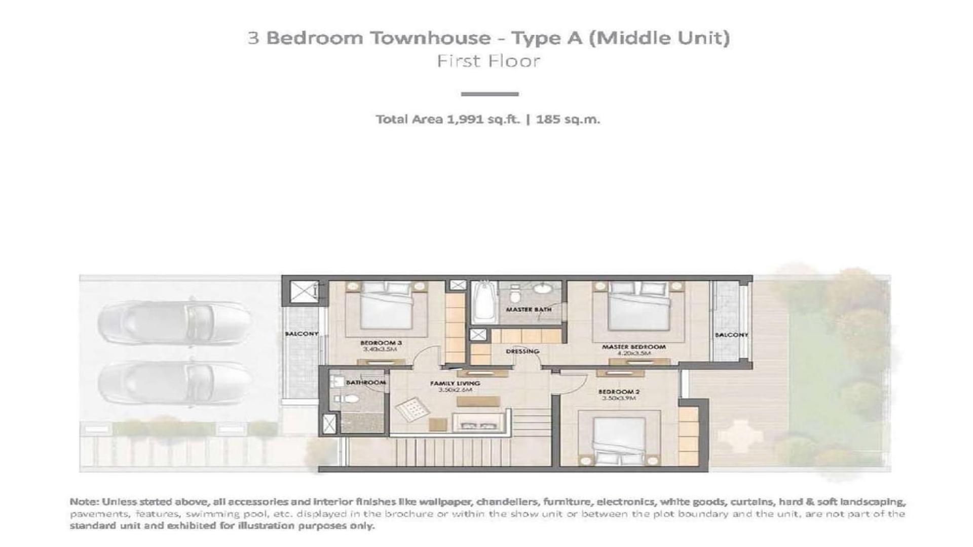 Modern 3-bedroom townhouse exterior in Arabella 2, Mudon, available for rent