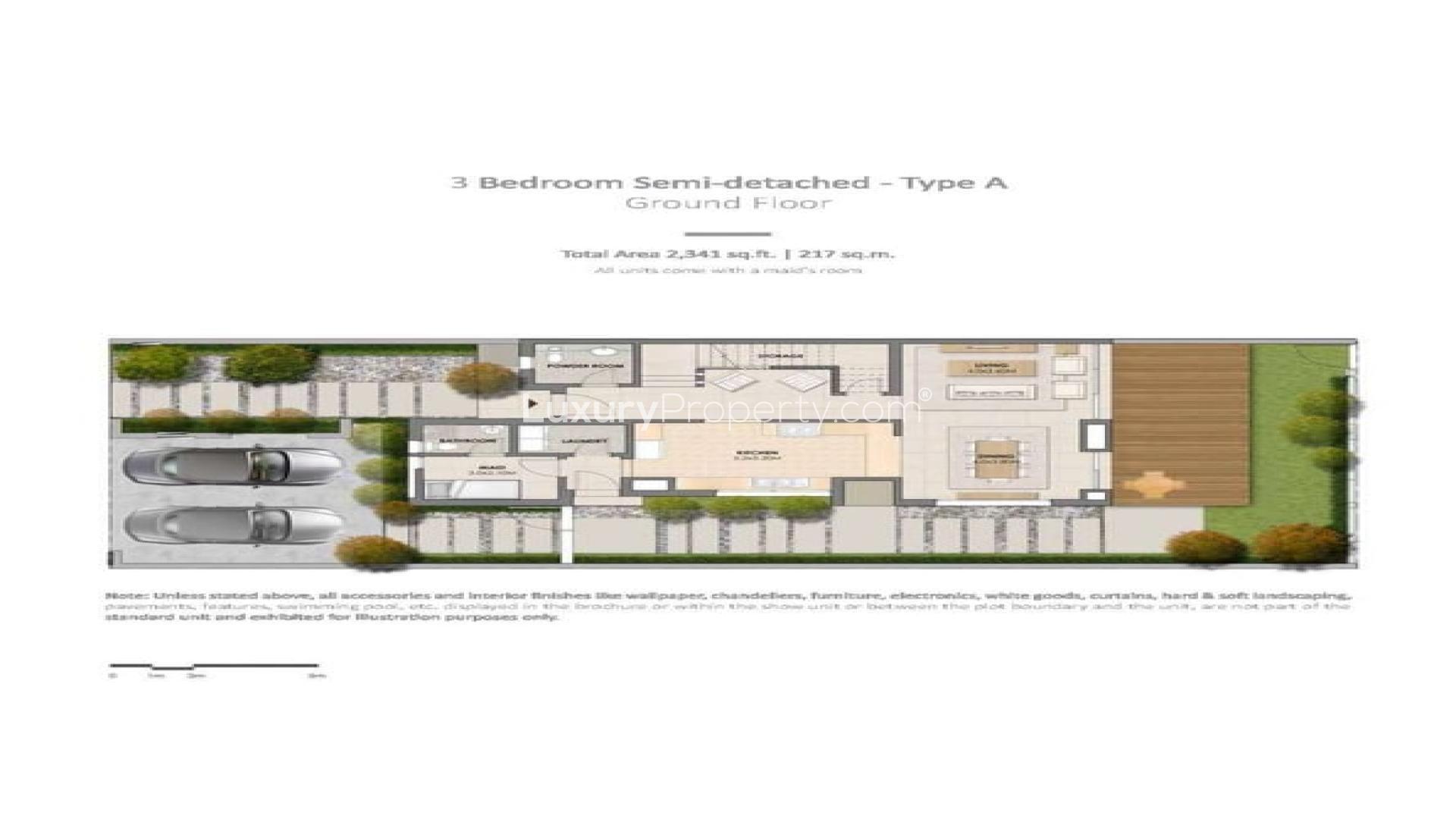 Bright living room with large windows in Arabella townhouse, Mudon, garden view