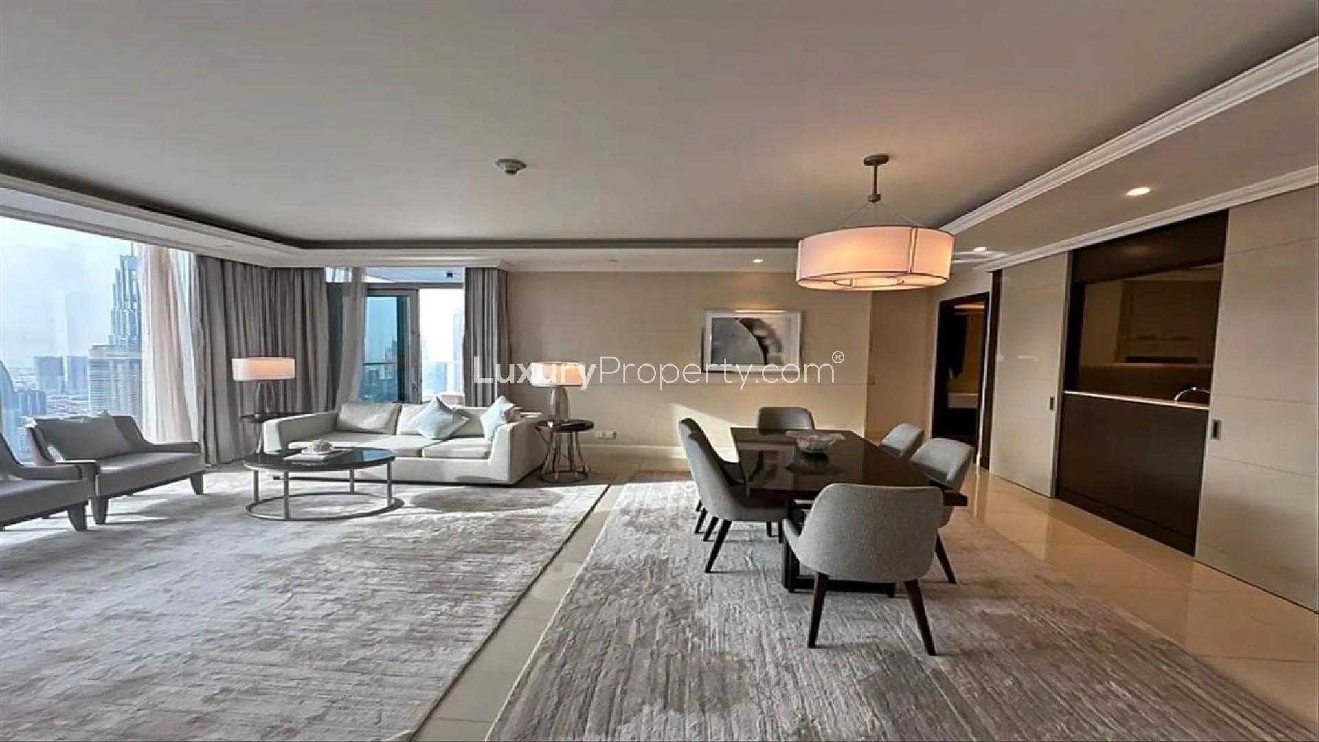 Furnished dining and living area in serviced Downtown Dubai apartment, The Address Dubai Mall