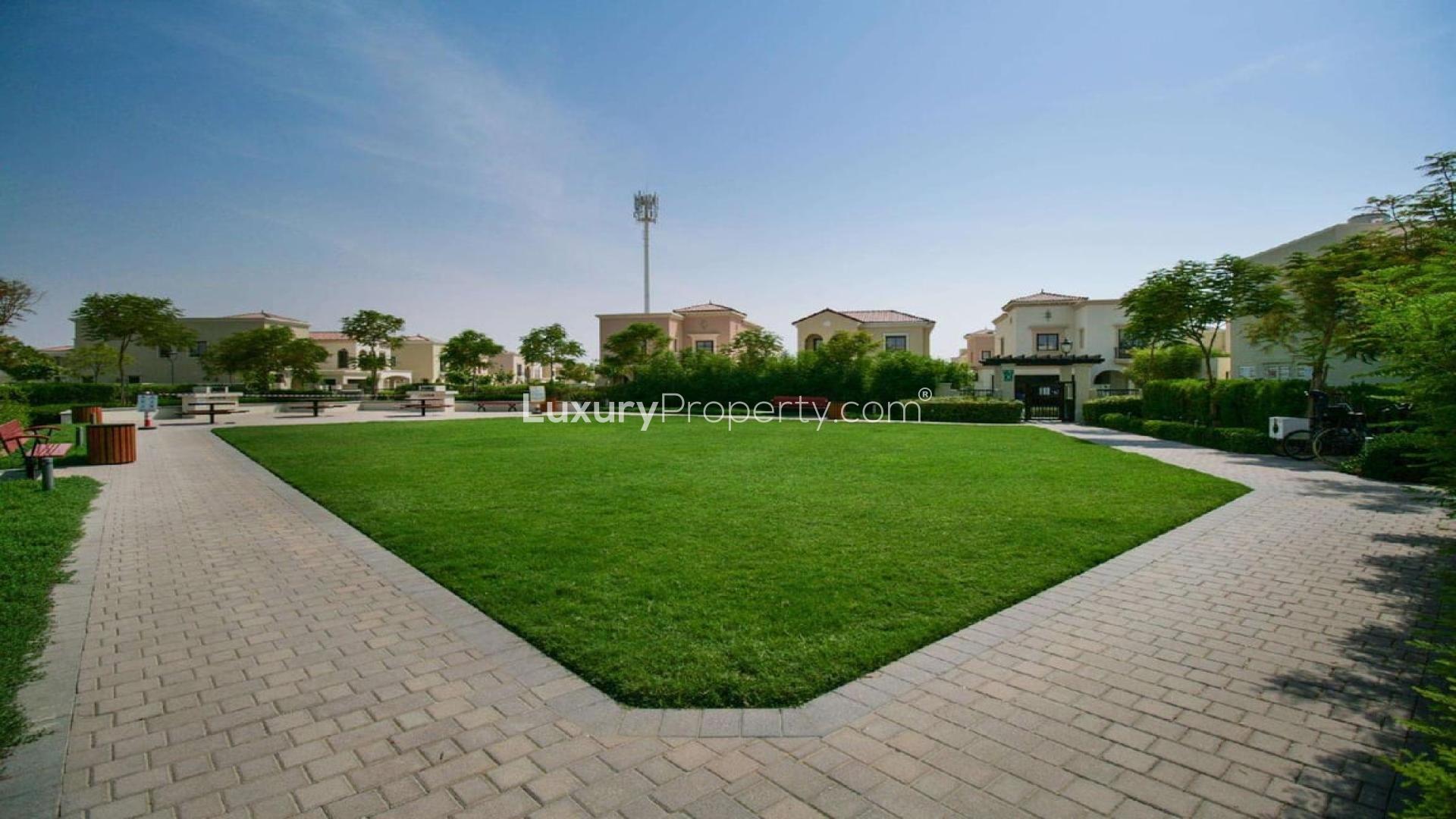 Spacious 3-bedroom villa exterior with garden in Samara, Arabian Ranches 2, for rent