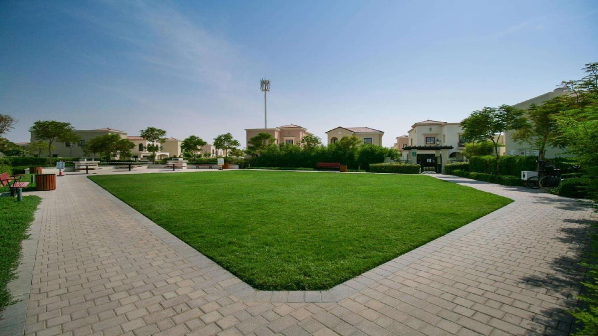 Spacious 3-bedroom villa exterior with garden in Samara, Arabian Ranches 2, for rent