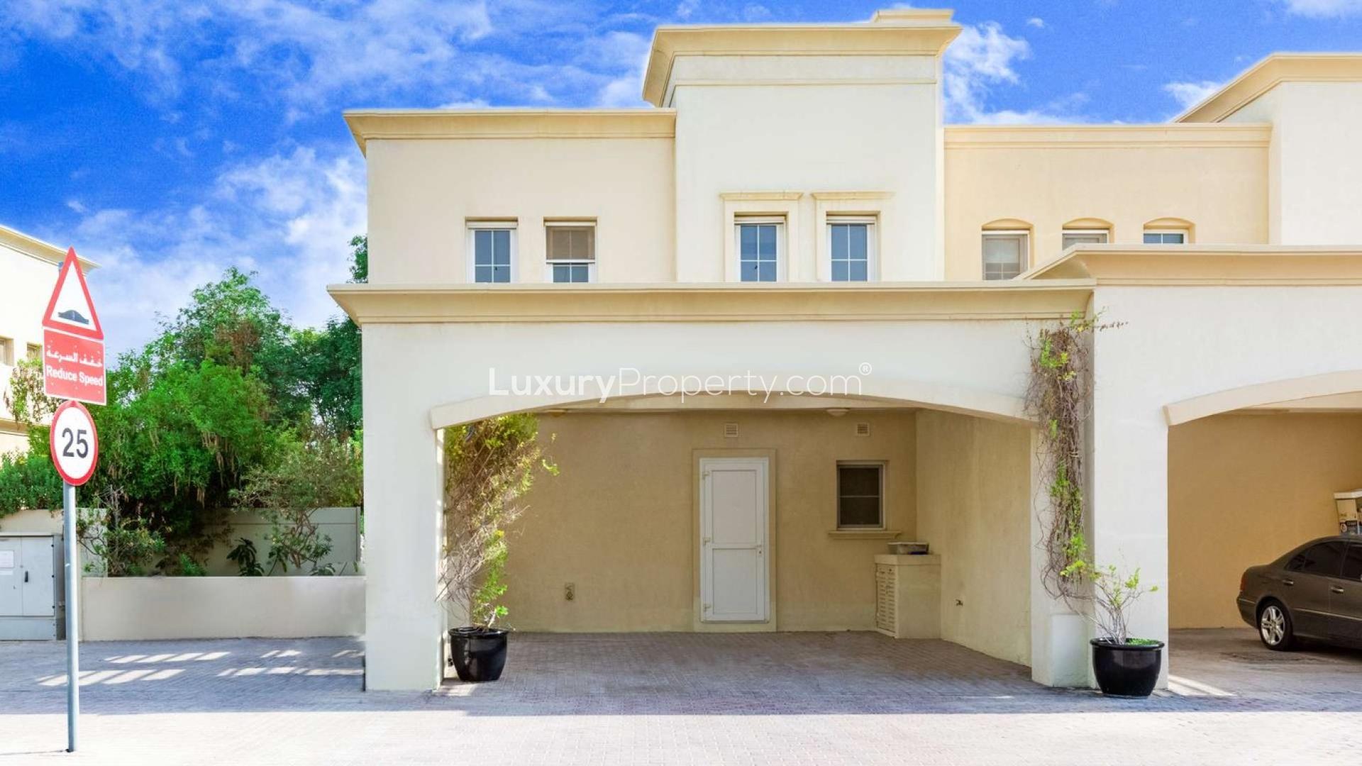 Elegant 3-bedroom villa exterior with driveway in The Springs, Emirates Living for rent