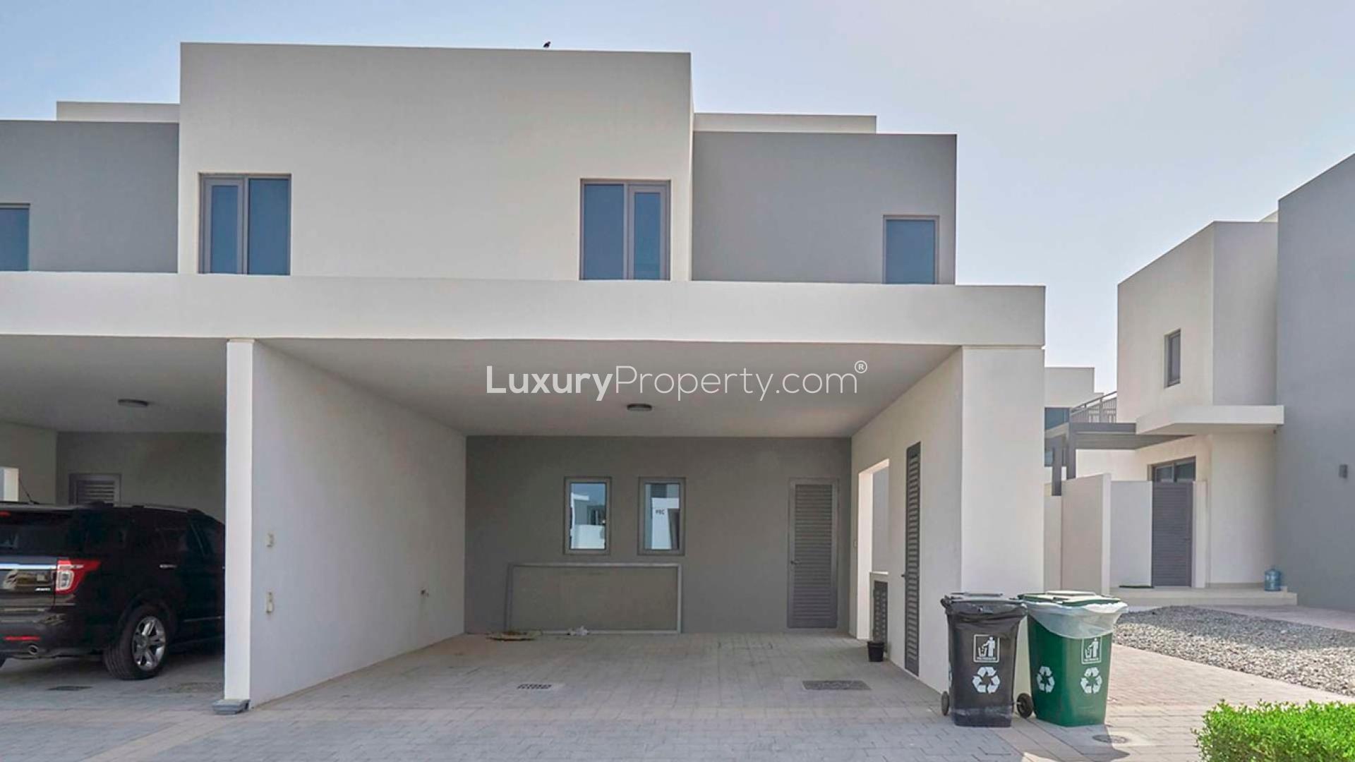 Exterior view of three-bed villa for rent in Maple, Dubai Hills Estate