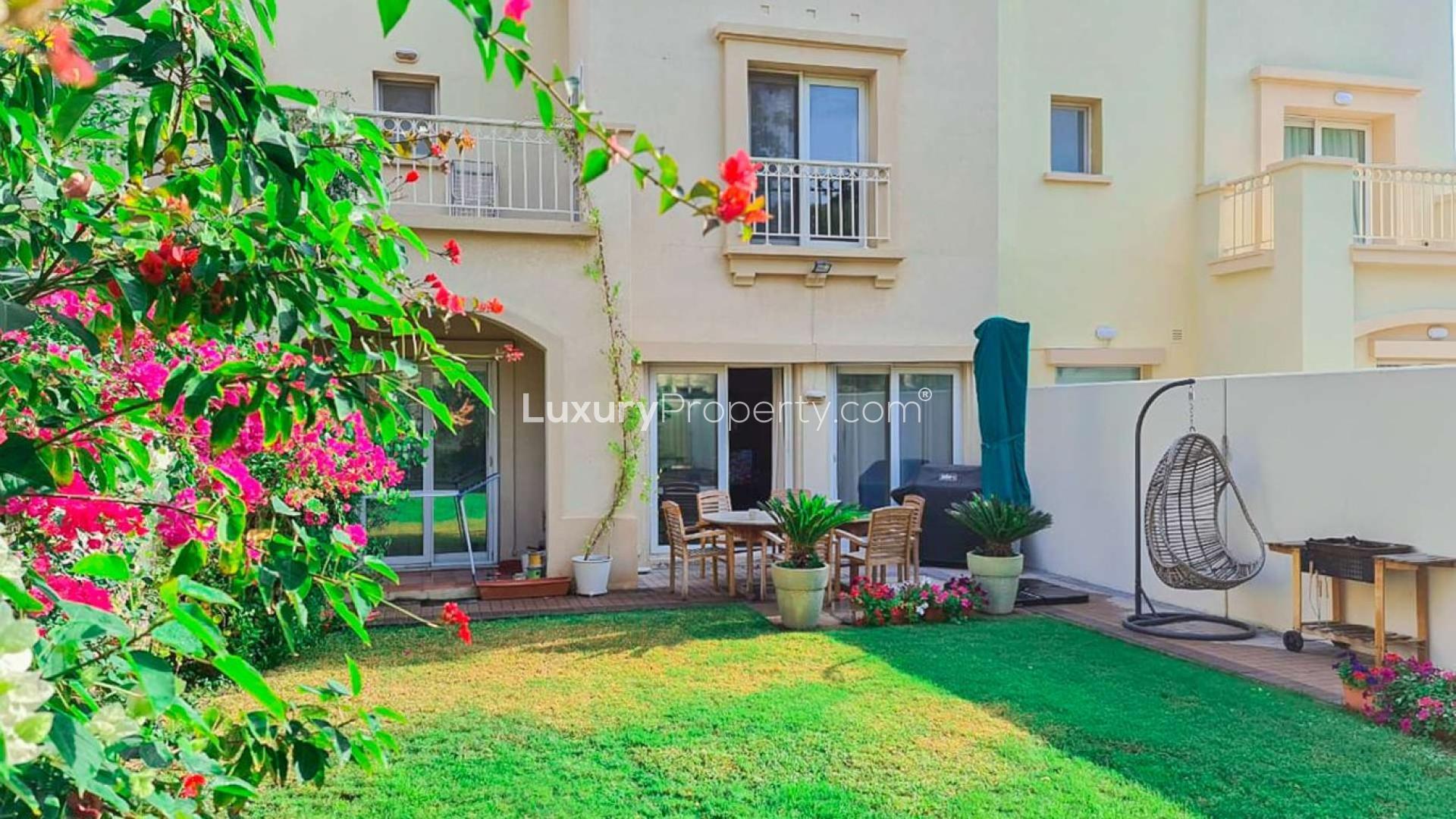 Lush garden view of 7-bedroom villa for rent in Springs 8, Dubai. Ideal family home