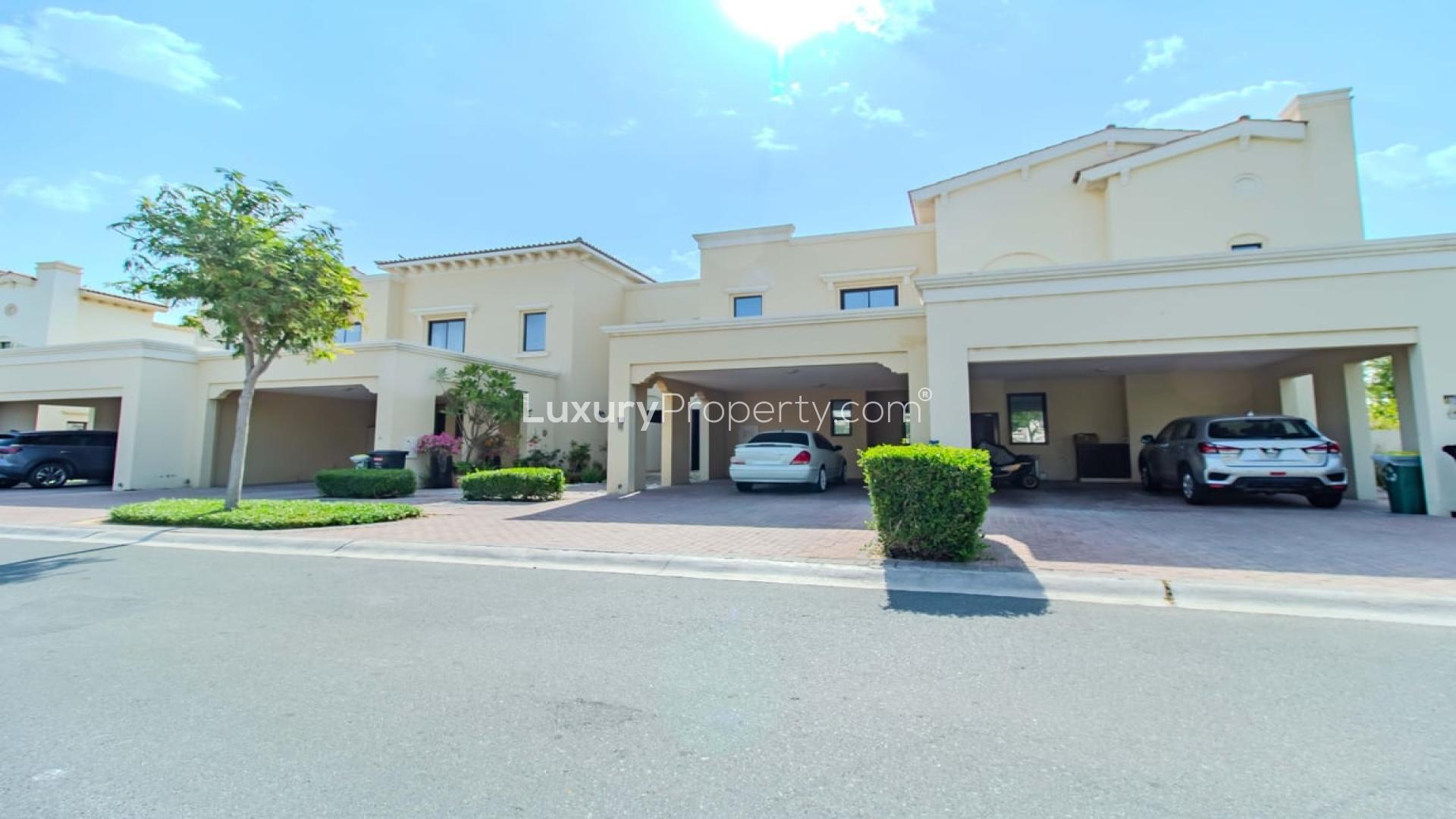 Spacious living room in 3-bedroom villa, Mira community, Reem, available for rent
