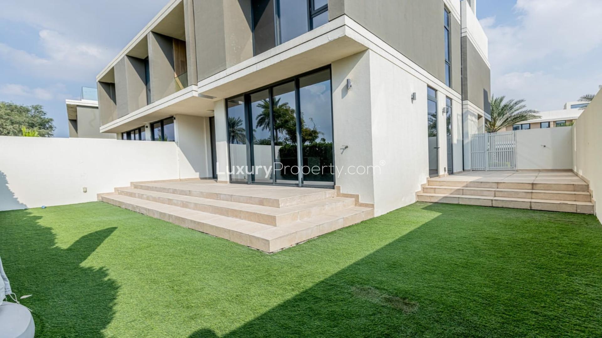 Outdoor patio and garden area of 3-bedroom villa in Dubai Hills Estate