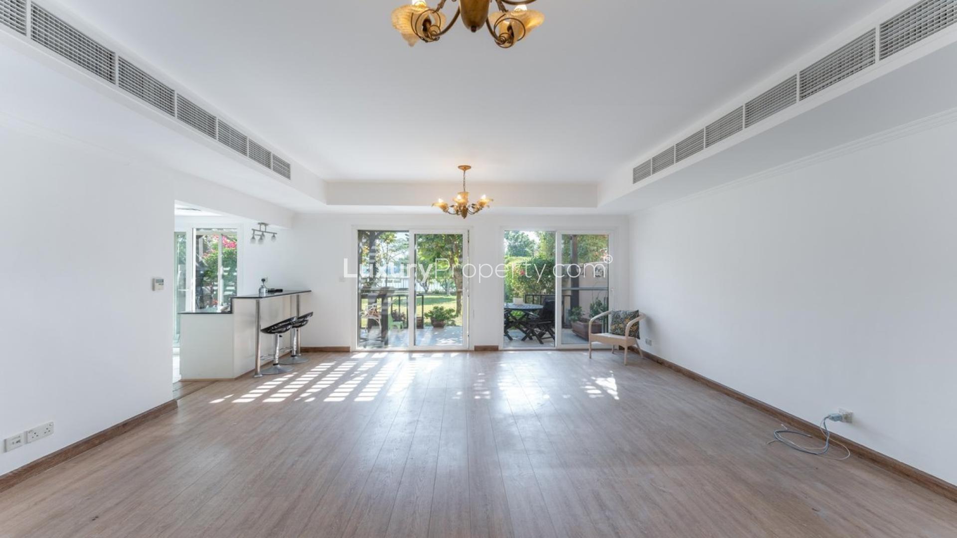 Upgraded villa balcony with lake view in Springs 14 community, Dubai