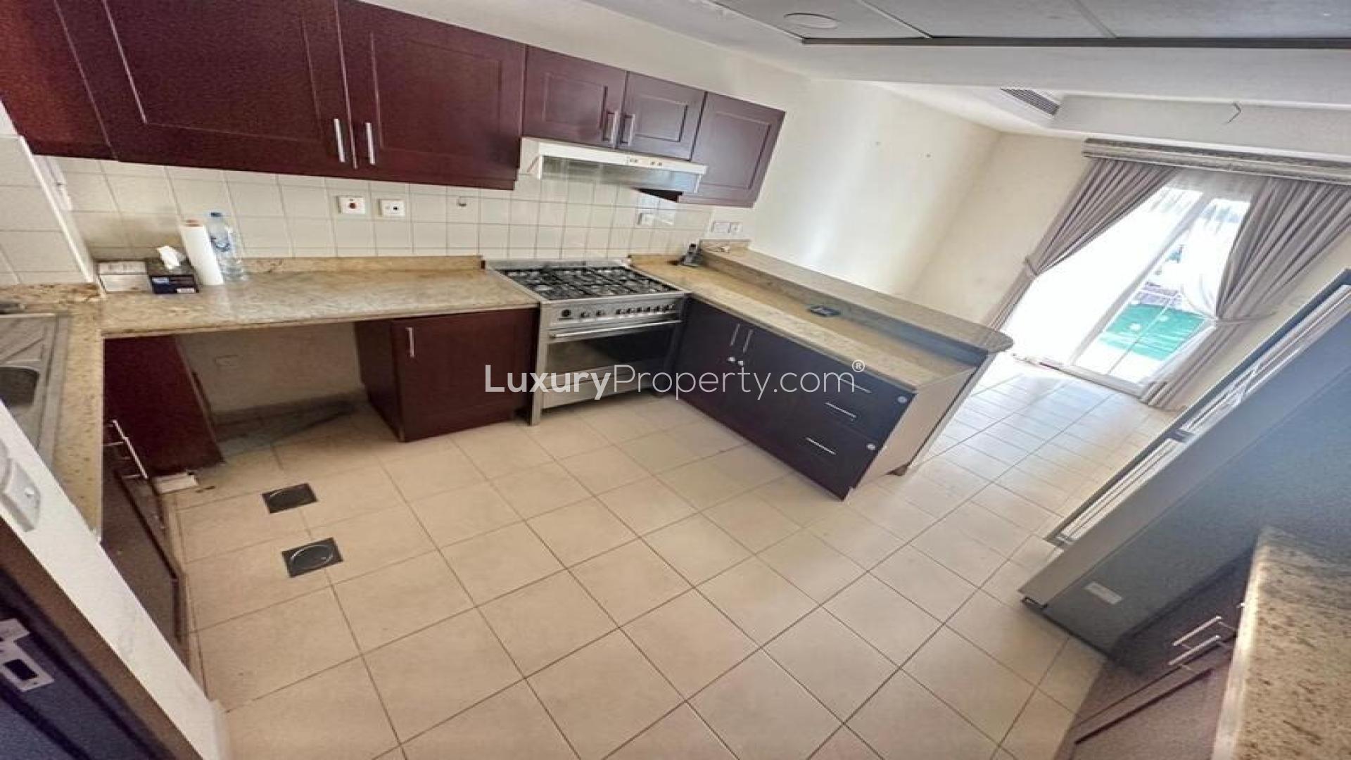 Sunny backyard with gazebo in Al Reem villa, Arabian Ranches, available for rent