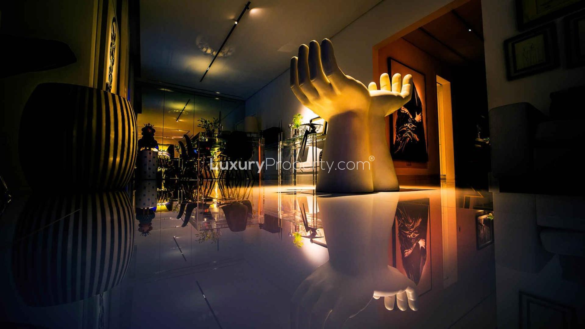 Luxurious living room in upgraded 3-bedroom villa, Meadows 9, Dubai, with modern decor