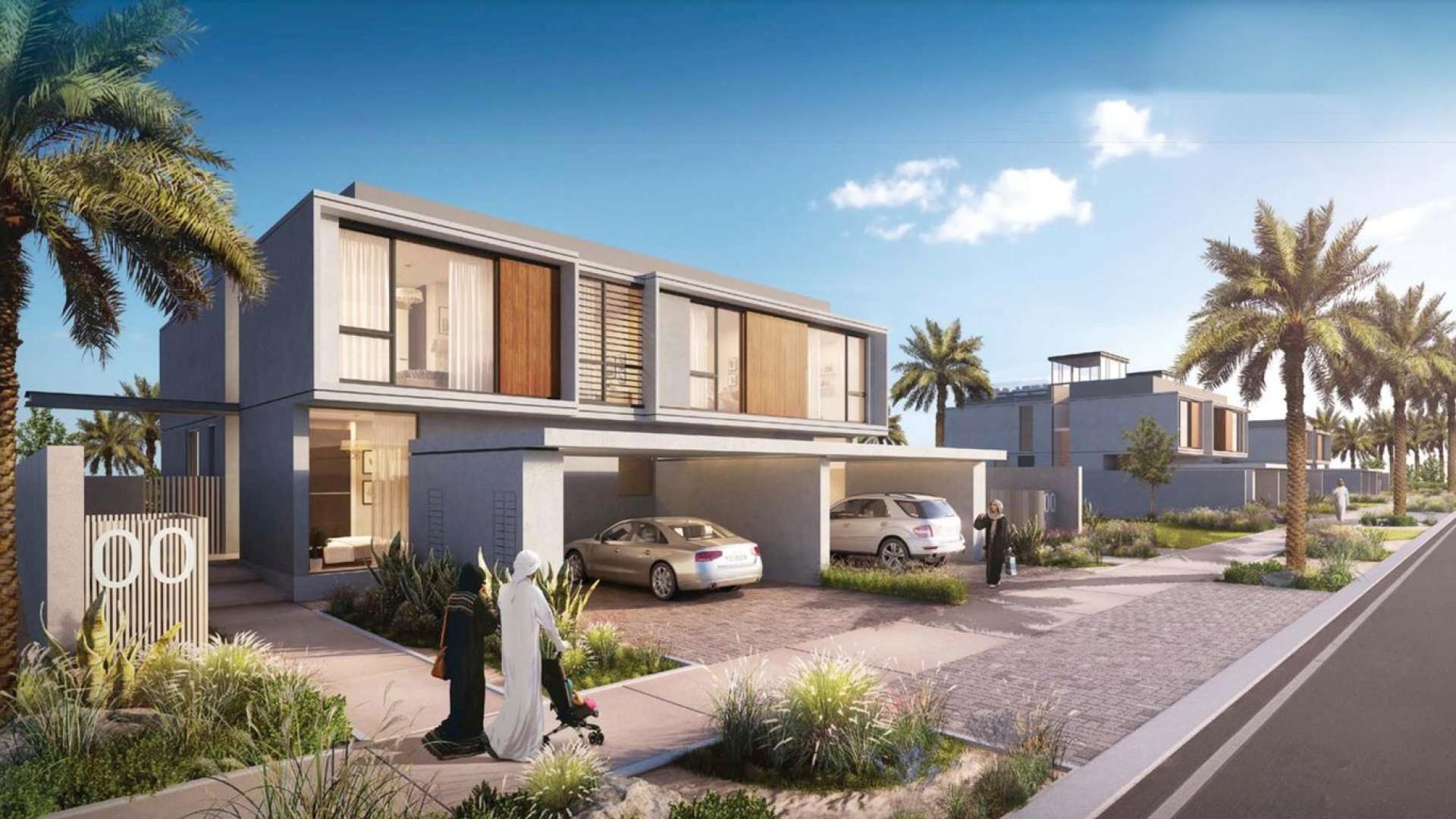 Modern living room in 3-bedroom villa, Dubai Hills Estate, overlooking golf course