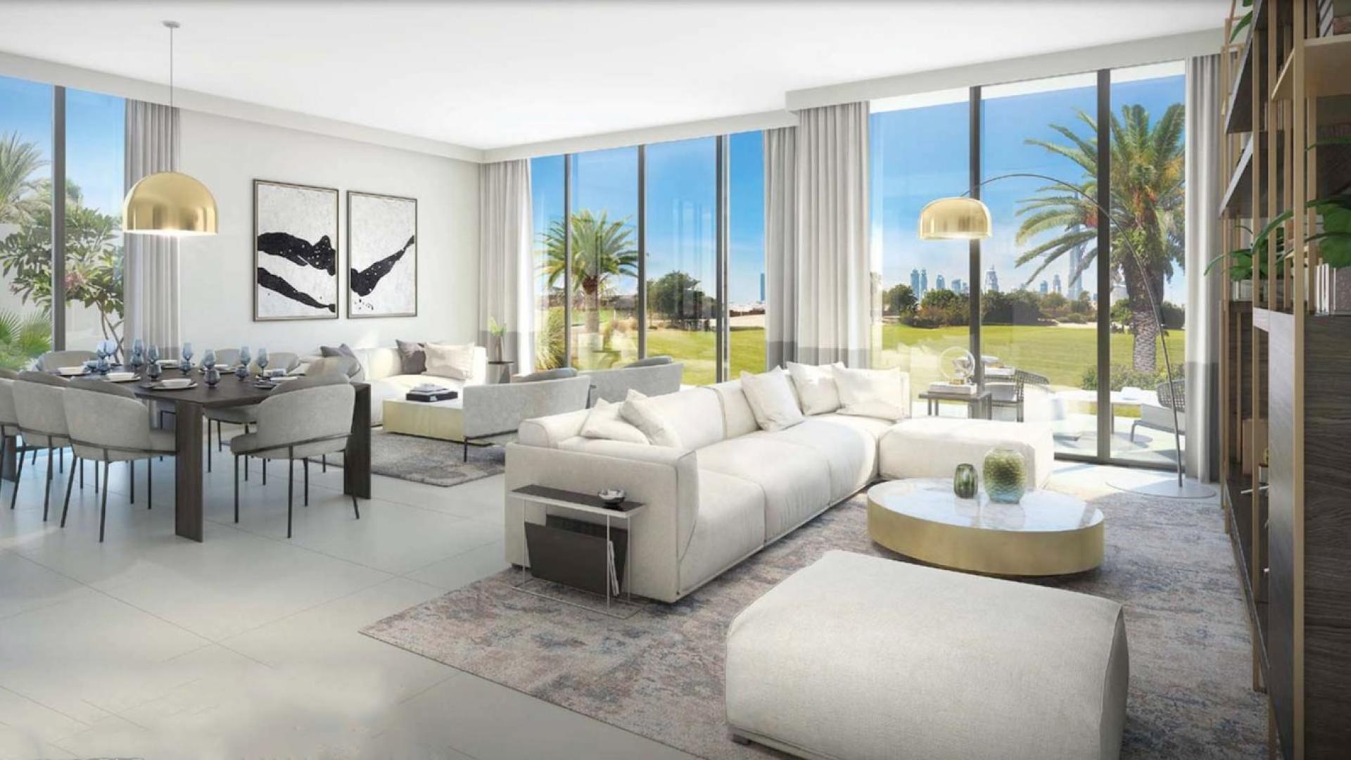 Modern 3-bedroom villa exterior in Dubai Hills Estate, featuring elegant design and palm trees