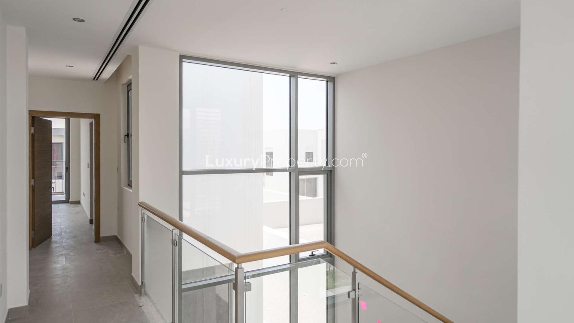 Three-bedroom villa exterior in Sidra, Dubai Hills Estate, for sale. Modern design, spacious layout