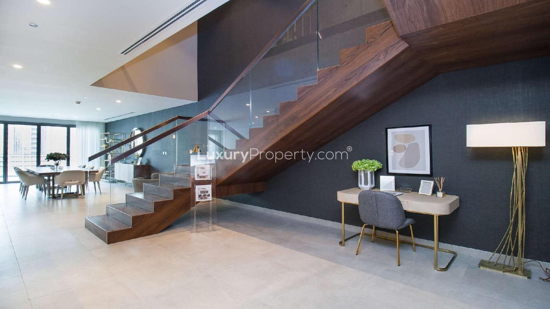 Modern living room in three-bed villa at Marina Gate, Dubai Marina, for sale