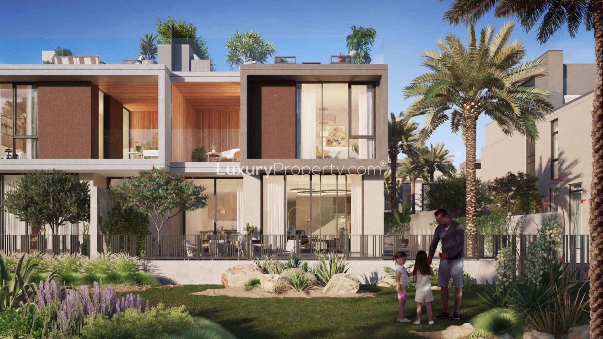 Stunning three-bed villa exterior in Golf Grove, Dubai Hills Estate, with modern architecture