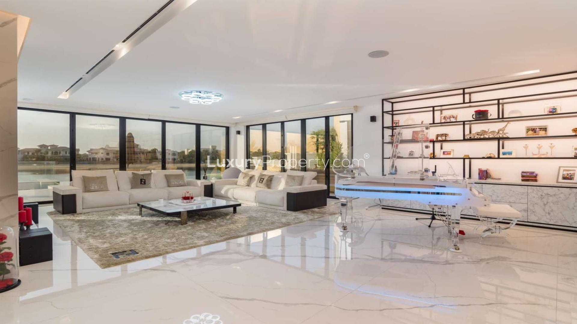 Luxurious living room in renovated Garden Home villa, Palm Jumeirah, with modern decor and views