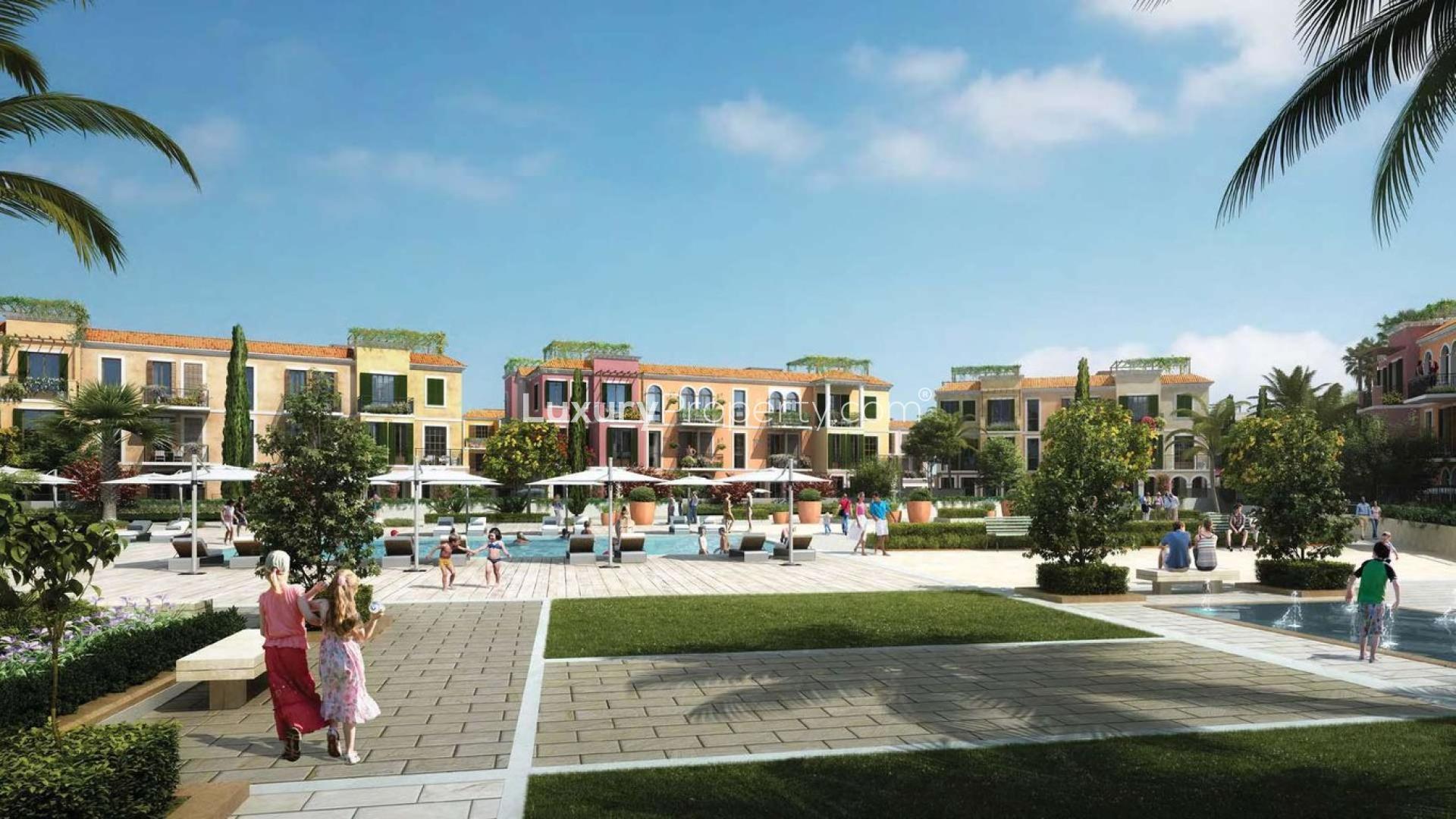 Luxurious villa terrace in Sur La Mer, Jumeirah with stunning waterfront and skyline views