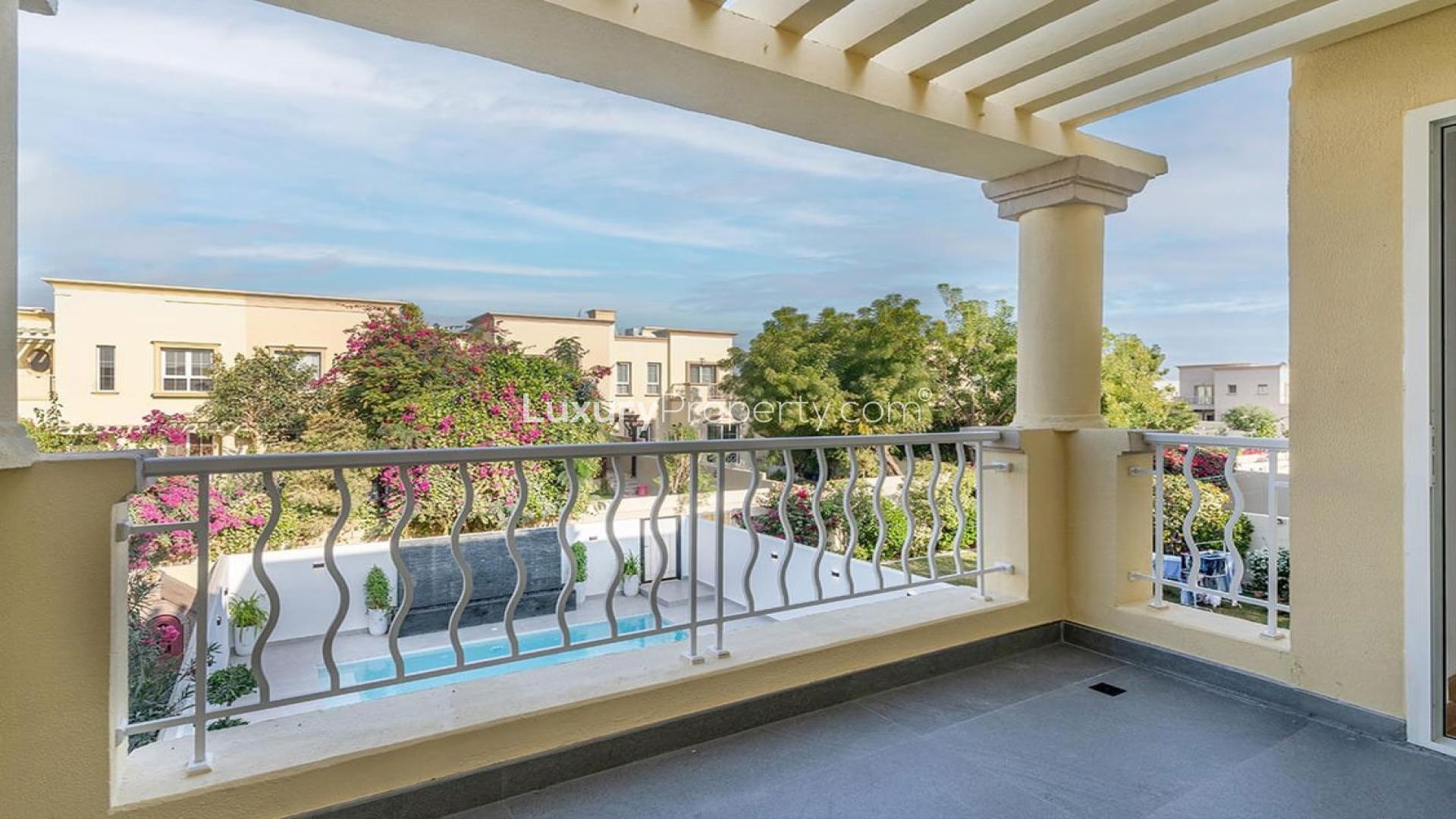 Luxurious villa patio with private pool and barbecue area in Springs 11, Dubai