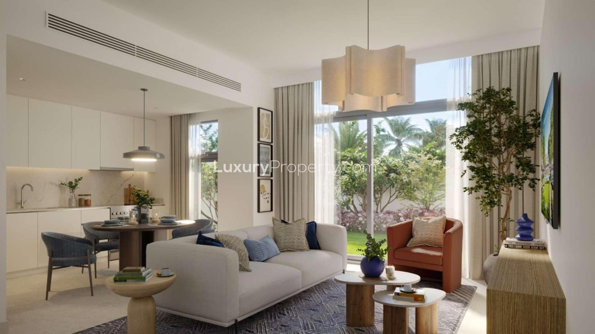 Modern three-bedroom villa exterior in Arabian Ranches 3, close to pool and park