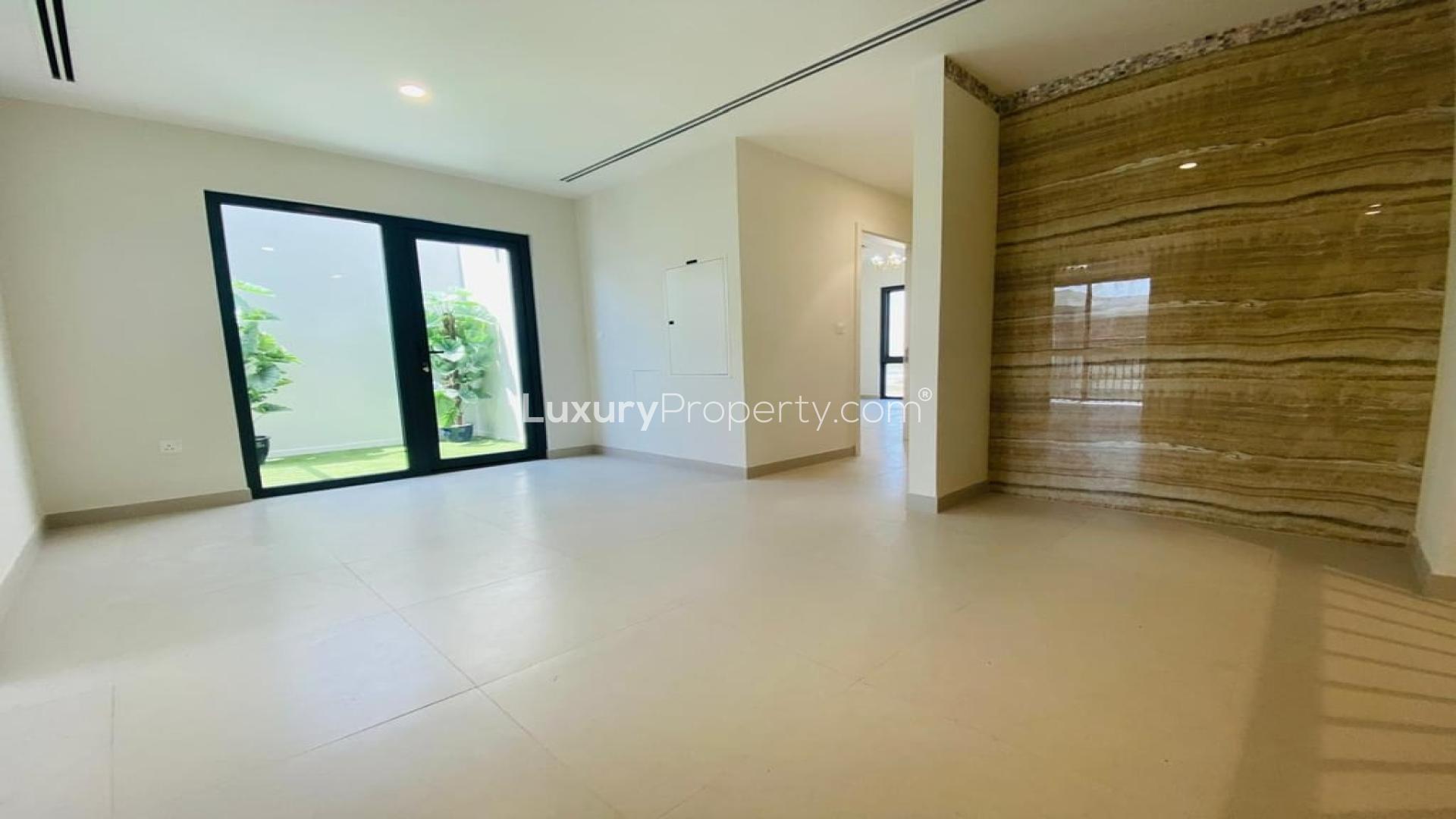 Upgraded villa interior with chandeliers, marble flooring in The Pulse Boulevard Park, Dubai South