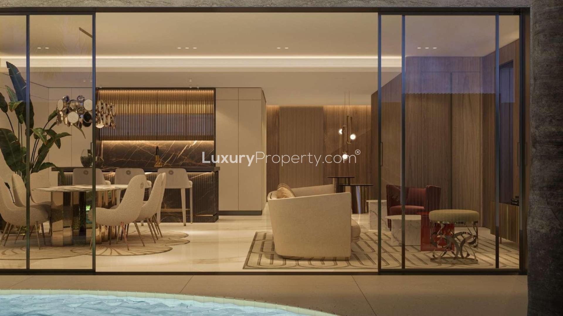 Luxurious open-plan living room and dining area in Jasmine Lane villa, Jumeirah Golf Estates