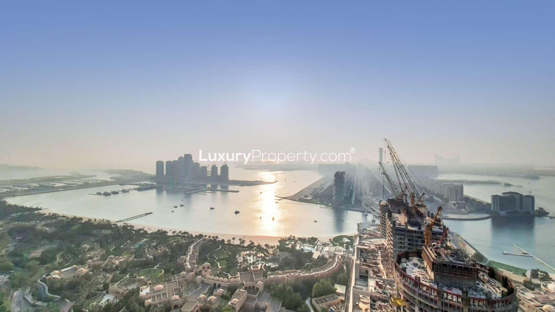High-floor apartment balcony with full Palm and sea view in Dubai Media City