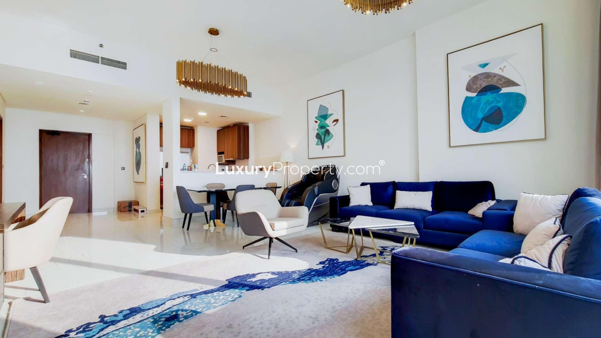 High-floor apartment view of Palm and sea, Dubai Media City, Palm View community