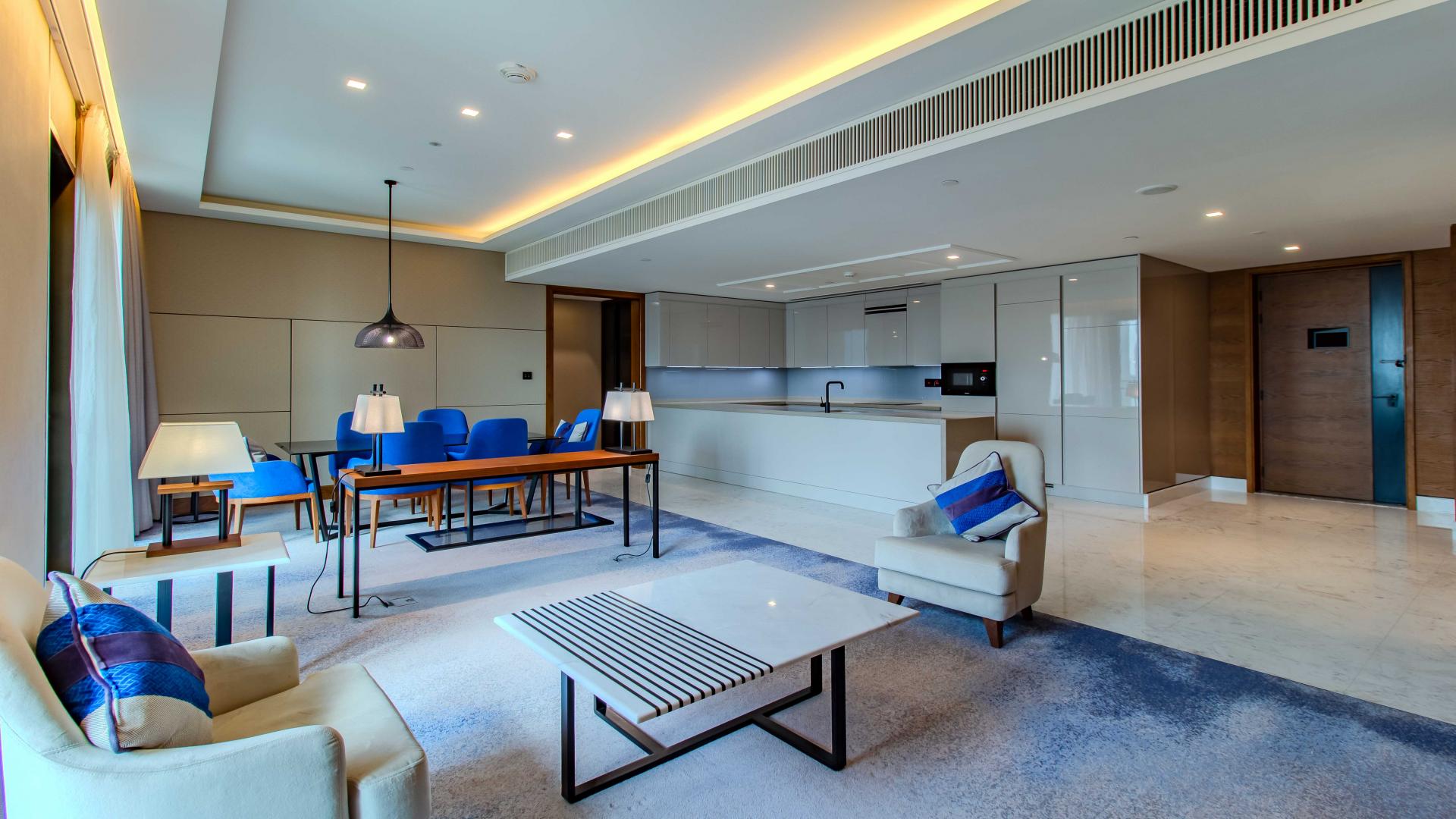 Modern living room in Bluewaters 3-bedroom apartment with elegant decor and sea view