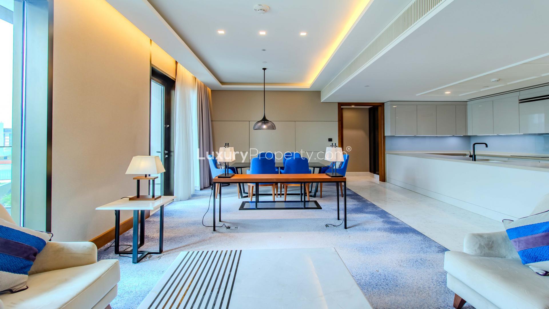 Modern living area and kitchen in 3-bedroom apartment, Caesars Bluewaters, Dubai