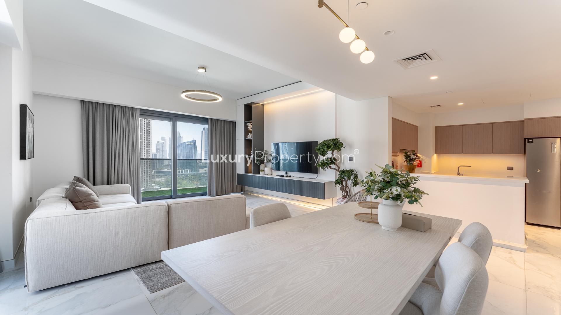 Modern living room in Act Towers 3-bedroom apartment, Downtown Dubai, Opera District