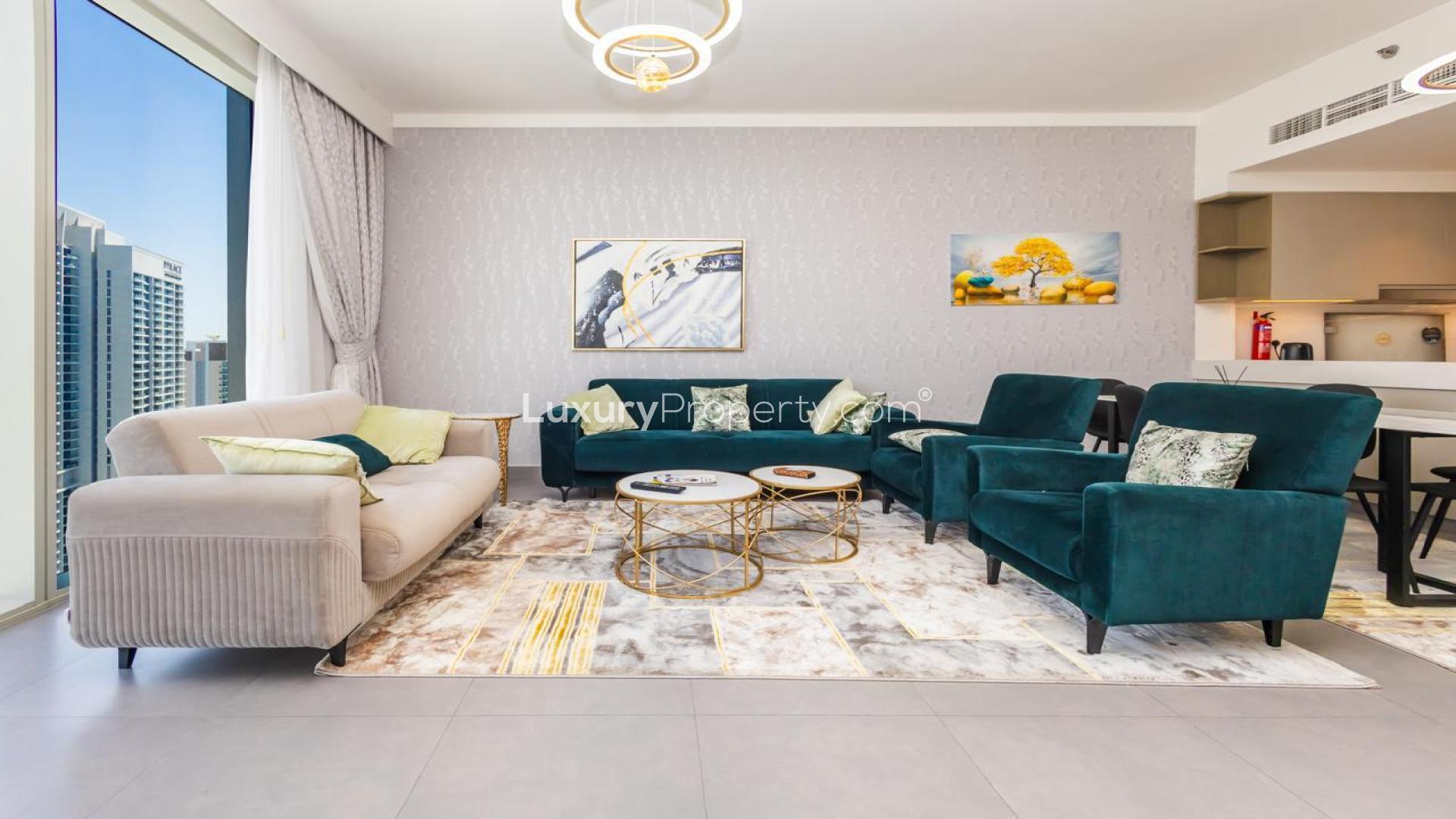 N/A,Furnished living room with modern decor in Creek Gate, Dubai Creek Harbour apartment