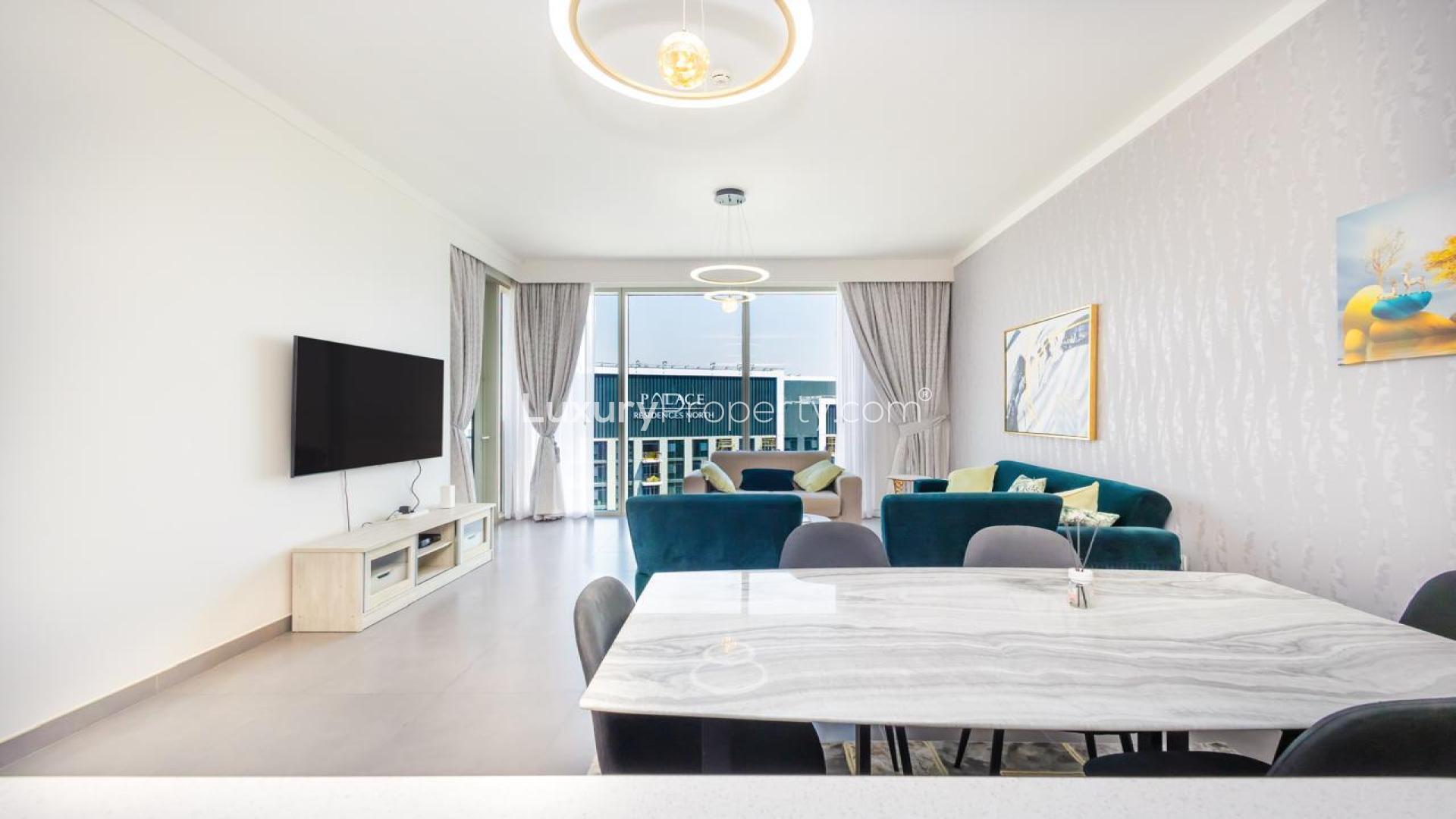 Furnished living room and kitchen in 3-bedroom apartment, Creek Gate, Dubai Creek Harbour