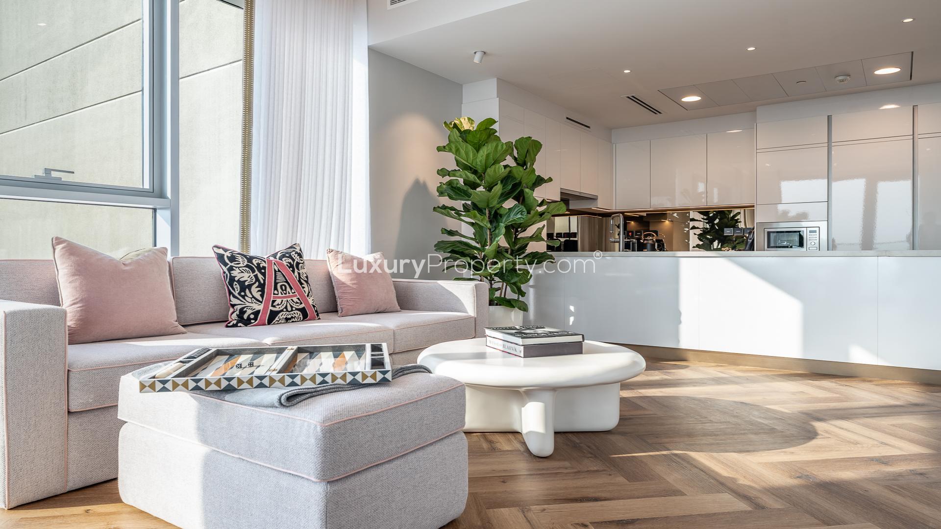 Modern open-plan living area in Canal Front Residences, Dubai Water Canal apartment for rent