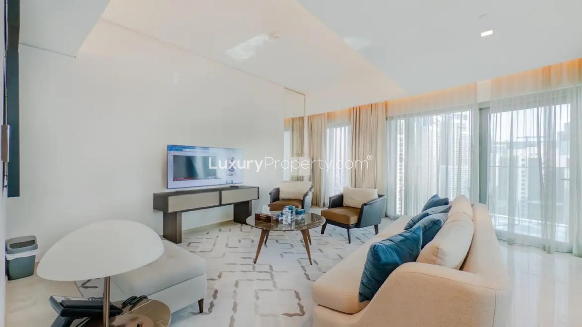 Luxurious living room in high-floor apartment, Address Harbour Point, Dubai Creek Harbour