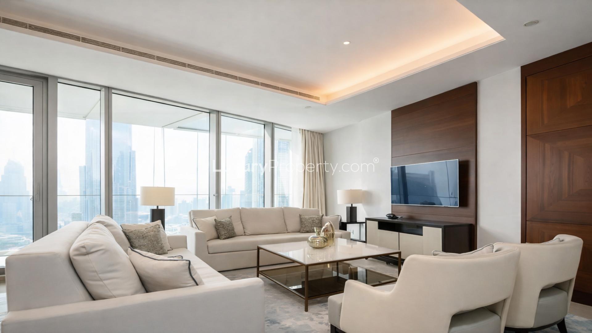 Luxury Downtown apartment balcony with stunning skyline views at Address Residences Sky View