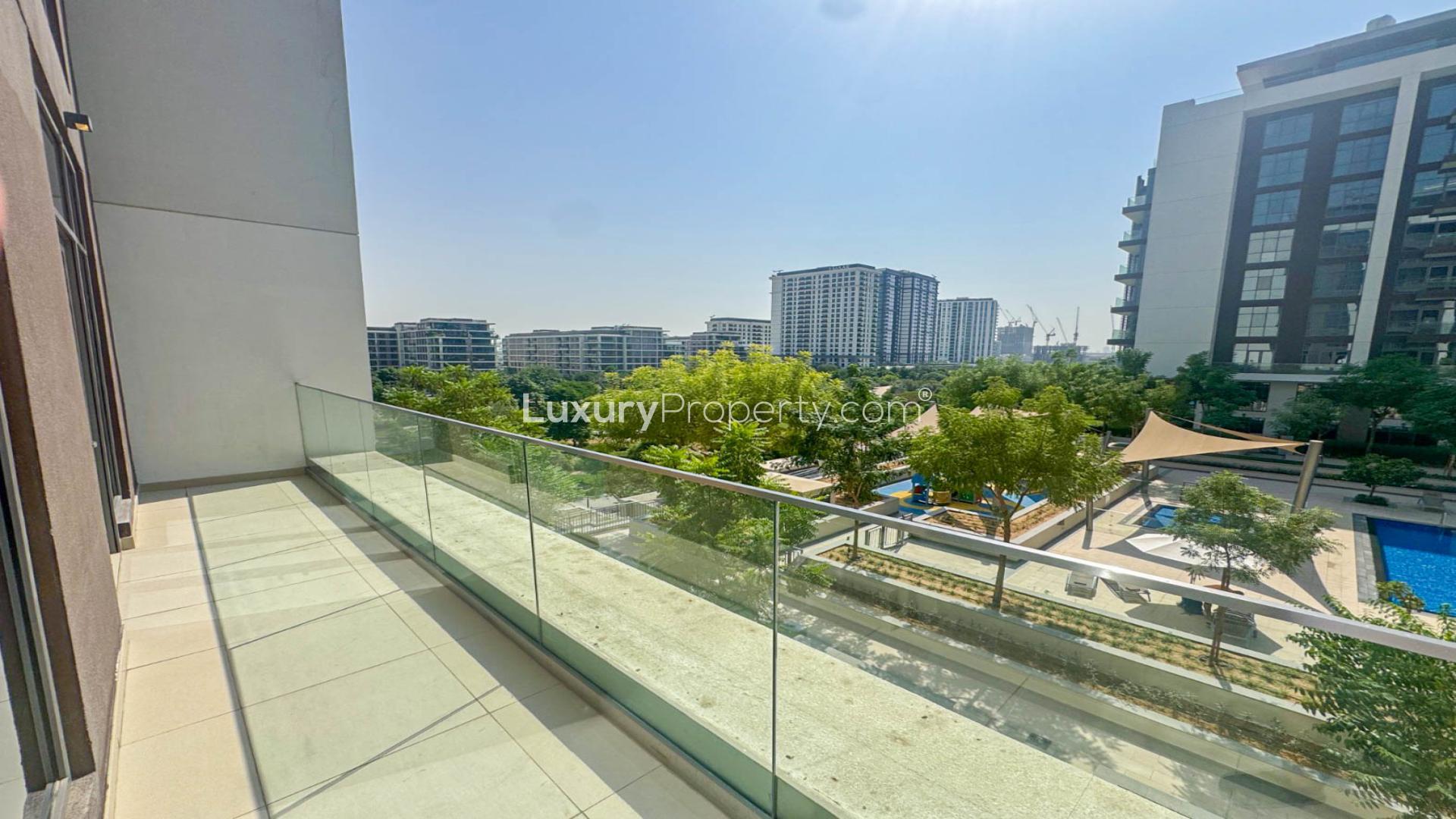 Modern kitchen and living area in 3-bedroom apartment, Acacia B, Dubai Hills Estate