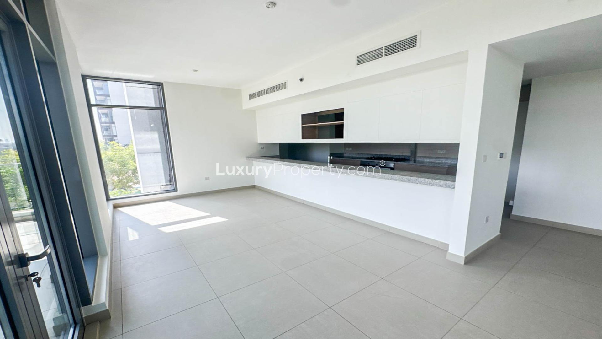 Spacious living area with large windows in Acacia B, Dubai Hills Estate apartment