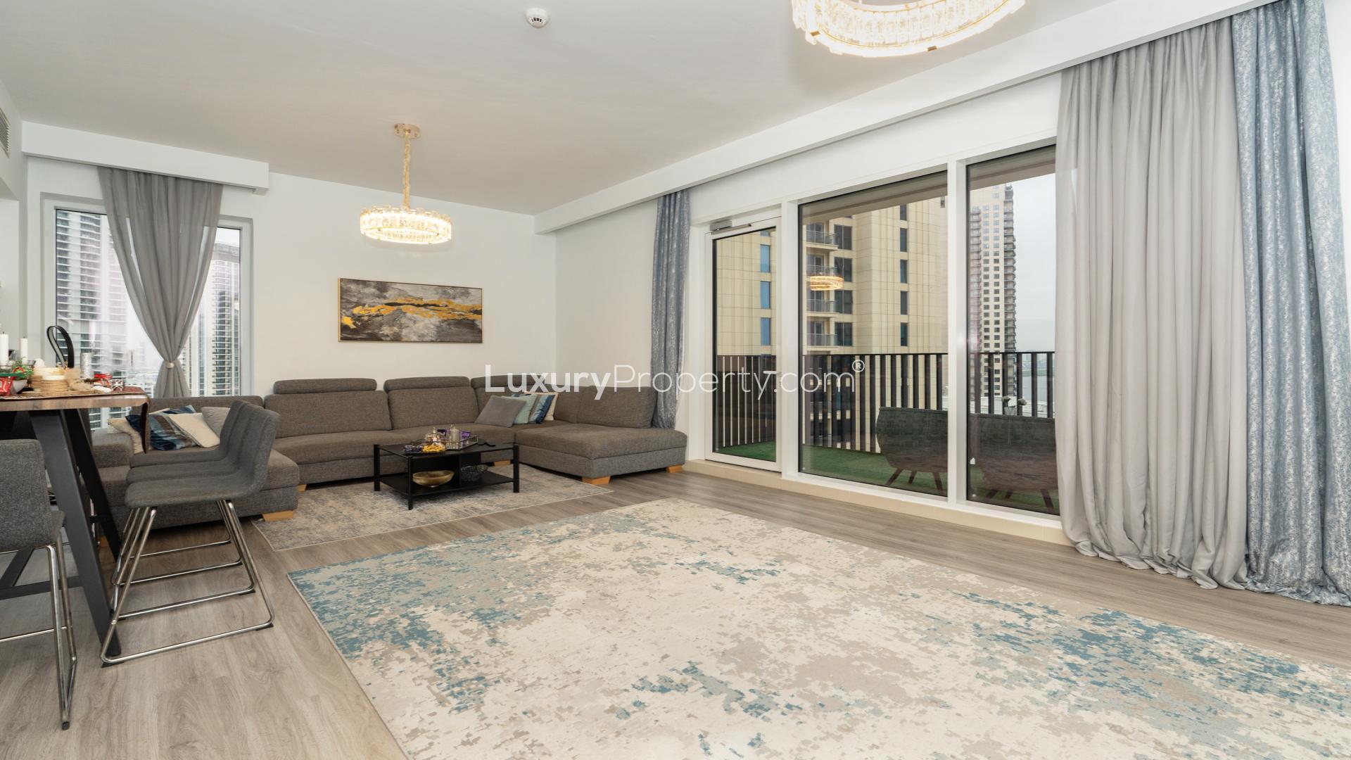 Creek Horizon Tower 1 skyline view in Dubai Creek Harbour with lush green park