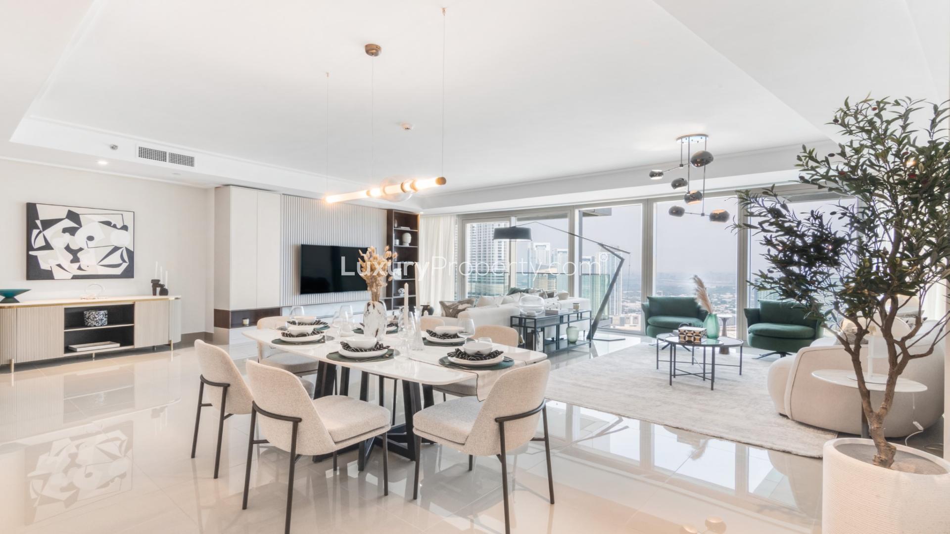 Modern living room in Opera Grand apartment, Downtown. Bright, spacious, with city views. Rent