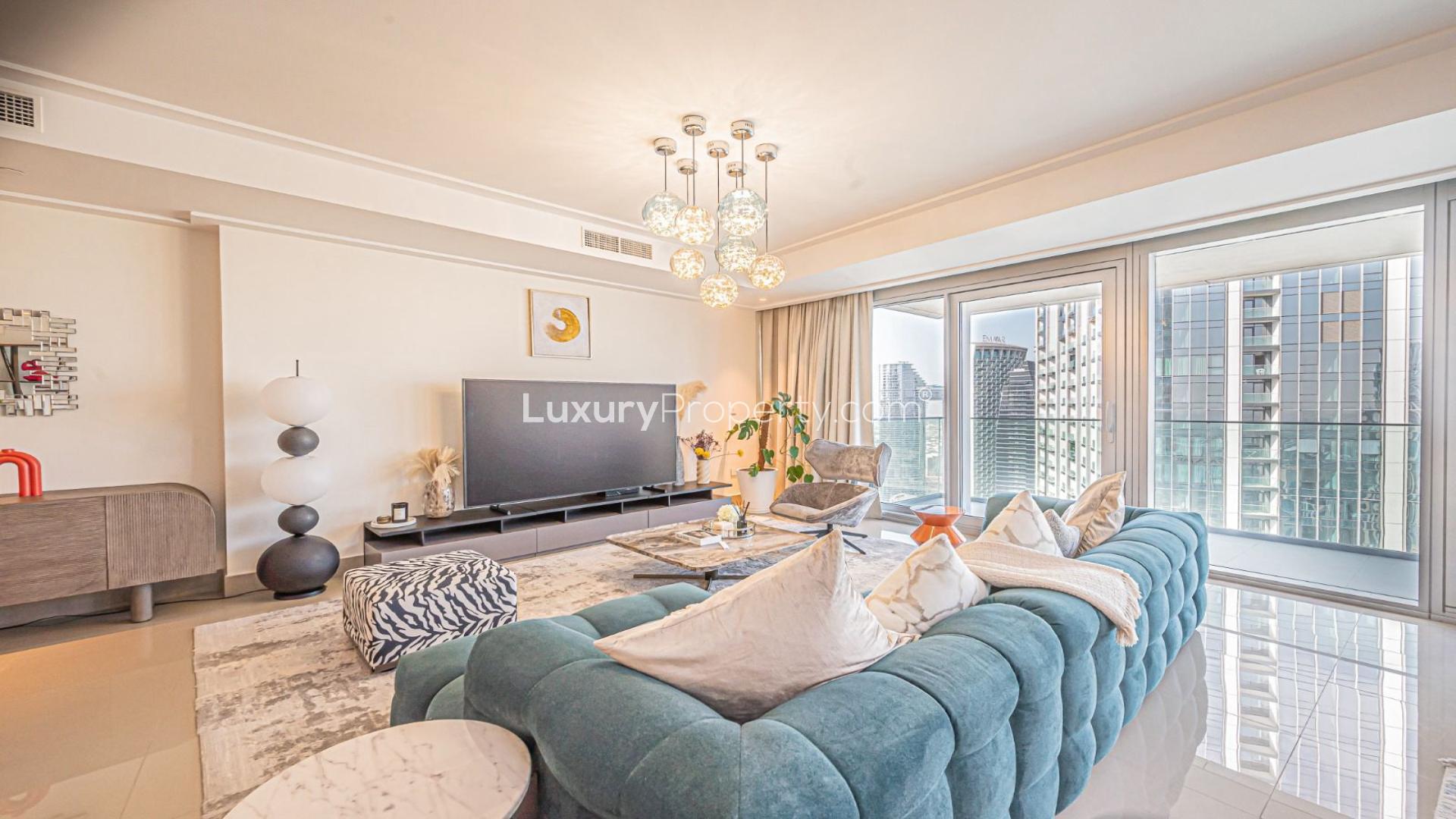 Luxurious high-floor apartment living room with modern decor, Downtown Dubai, Opera Grand