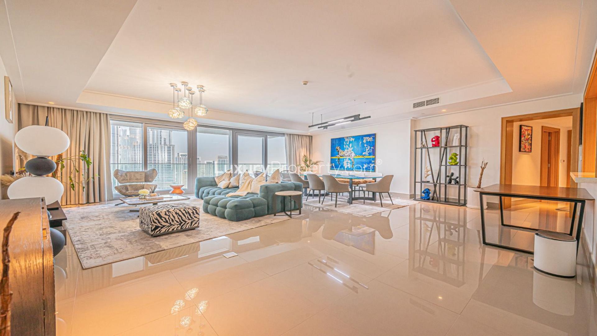 High-floor apartment view, Downtown Dubai skyline, Burj Khalifa, Opera Grand, luxury living