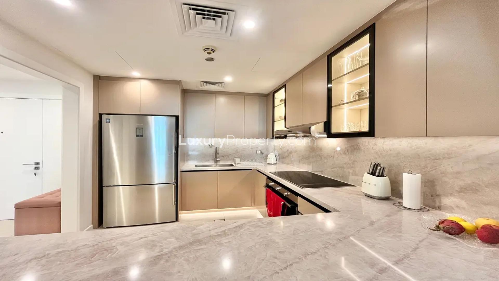 Fully upgraded living room in low-floor Palm Jumeirah apartment, Golden Mile 9