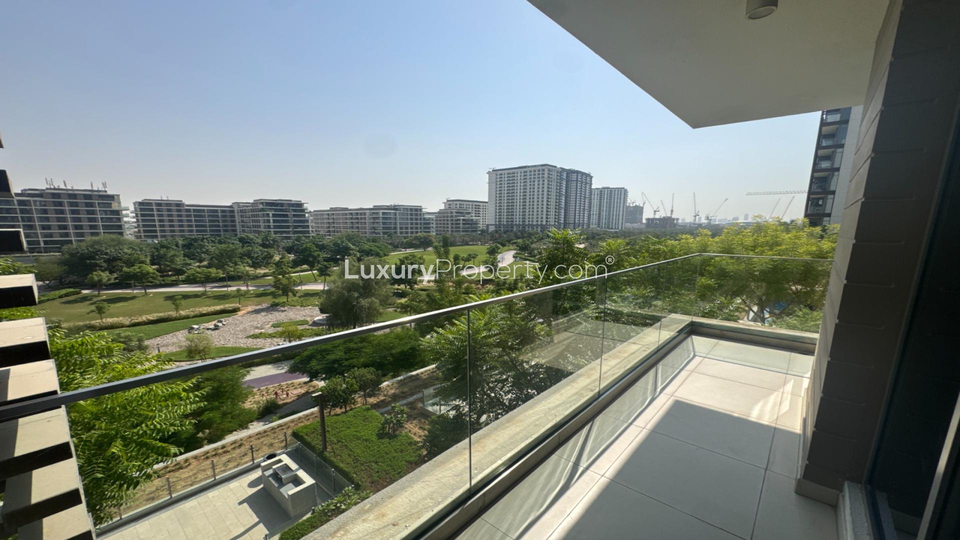 Modern kitchen and living area in Acacia B apartment, Dubai Hills Estate, for rent