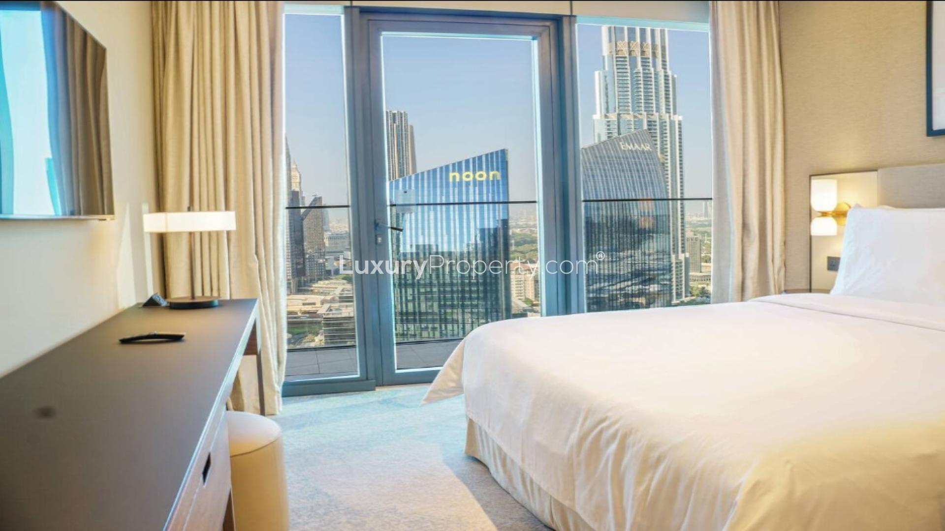 Modern living room in Address Residences Dubai Opera apartment, Downtown Dubai, with city views