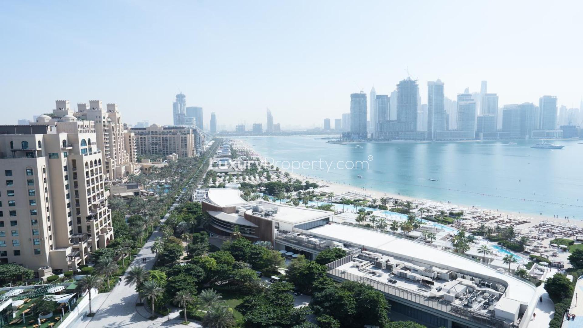 Modern living and dining area in upgraded Palm Jumeirah apartment, Oceana Baltic, for rent